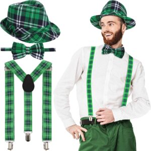 SATINIOR St. Patrick's Day Hat Green Plaid Y Shape Suspender Bow Tie Set for Mardi Gras Men Women Party Cosplay Supplies (Plaid Style)