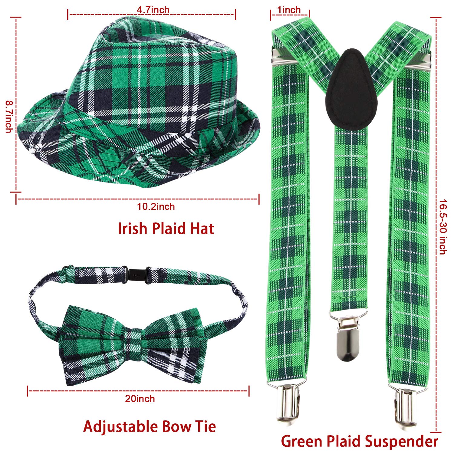 SATINIOR St. Patrick's Day Hat Green Plaid Y Shape Suspender Bow Tie Set for Mardi Gras Men Women Party Cosplay Supplies (Plaid Style)