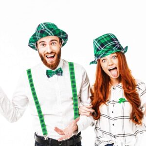 SATINIOR St. Patrick's Day Hat Green Plaid Y Shape Suspender Bow Tie Set for Mardi Gras Men Women Party Cosplay Supplies (Plaid Style)