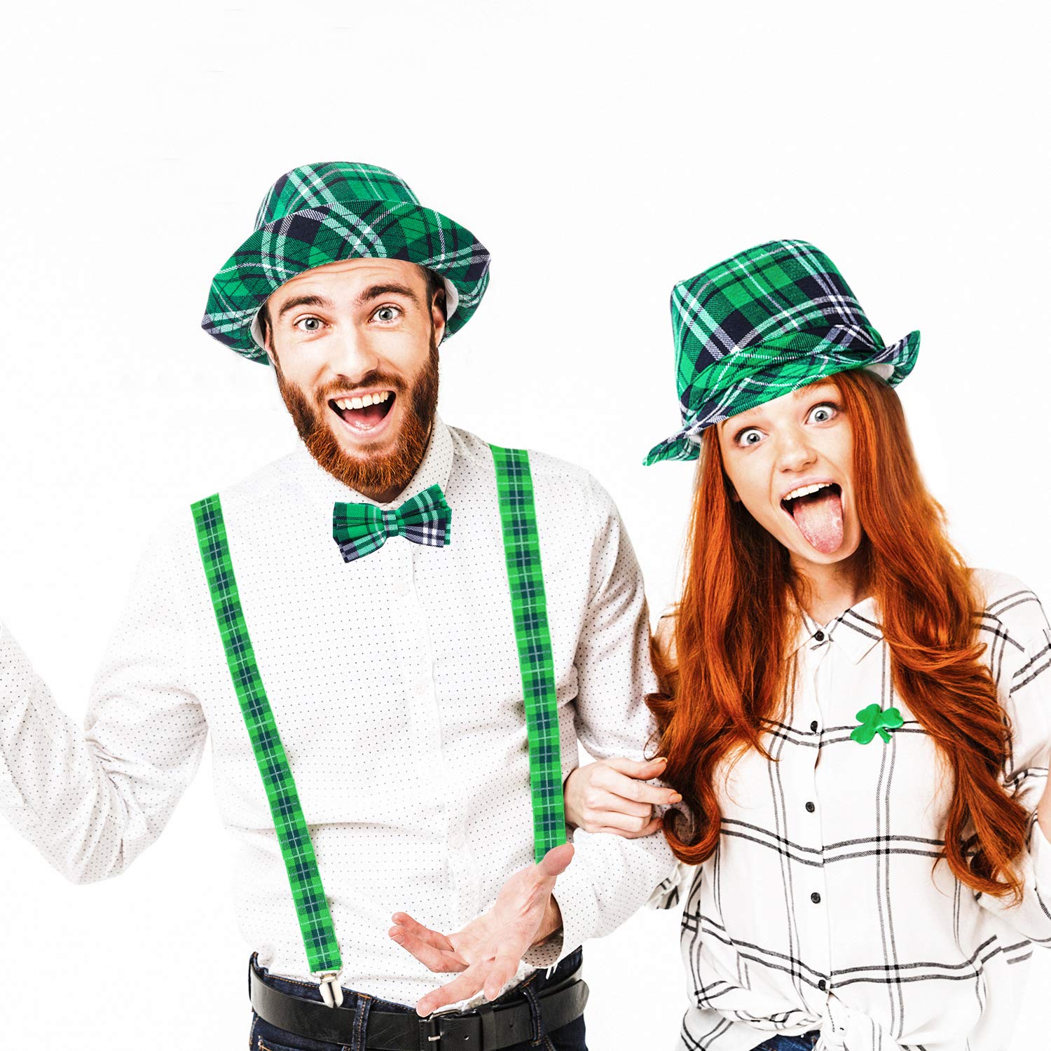 SATINIOR St. Patrick's Day Hat Green Plaid Y Shape Suspender Bow Tie Set for Mardi Gras Men Women Party Cosplay Supplies (Plaid Style)