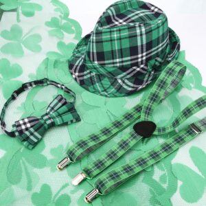 SATINIOR St. Patrick's Day Hat Green Plaid Y Shape Suspender Bow Tie Set for Mardi Gras Men Women Party Cosplay Supplies (Plaid Style)