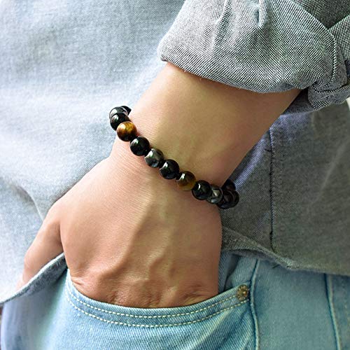 KIOMOY Triple Protection Bracelet For Protection Bring Luck And Prosperity Hematite Black Obsidian Tiger Eye Stone Bracelets (Tiger Eye)