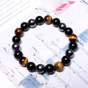 KIOMOY Triple Protection Bracelet For Protection Bring Luck And Prosperity Hematite Black Obsidian Tiger Eye Stone Bracelets (Tiger Eye)