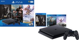 flagship newest play station 4 1tb hdd only on playstation ps4 console slim bundle with three games: the last of us, god of war, horizon zero dawn 1tb hdd dualshock 4 wireless controller -jet black