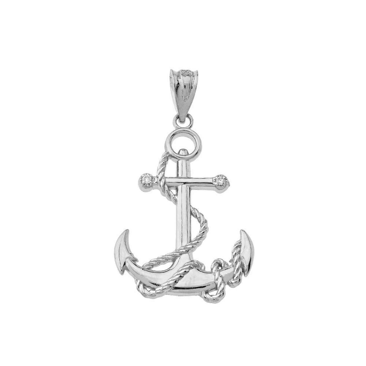 Certified 10k White Gold Diamond-Accented Nautical Rope Fouled Anchor Pendant