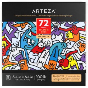 arteza adult coloring book, doodle designs, 72 sheets, 6.4x6.4 inches coloring pages, 100 lb paper