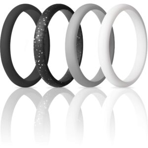 thunderfit stackable silicone wedding rings for women, thin rubber engagement bands 2.5mm wide 1.8mm thick - 1/2/3/4/5/7 variety multipack