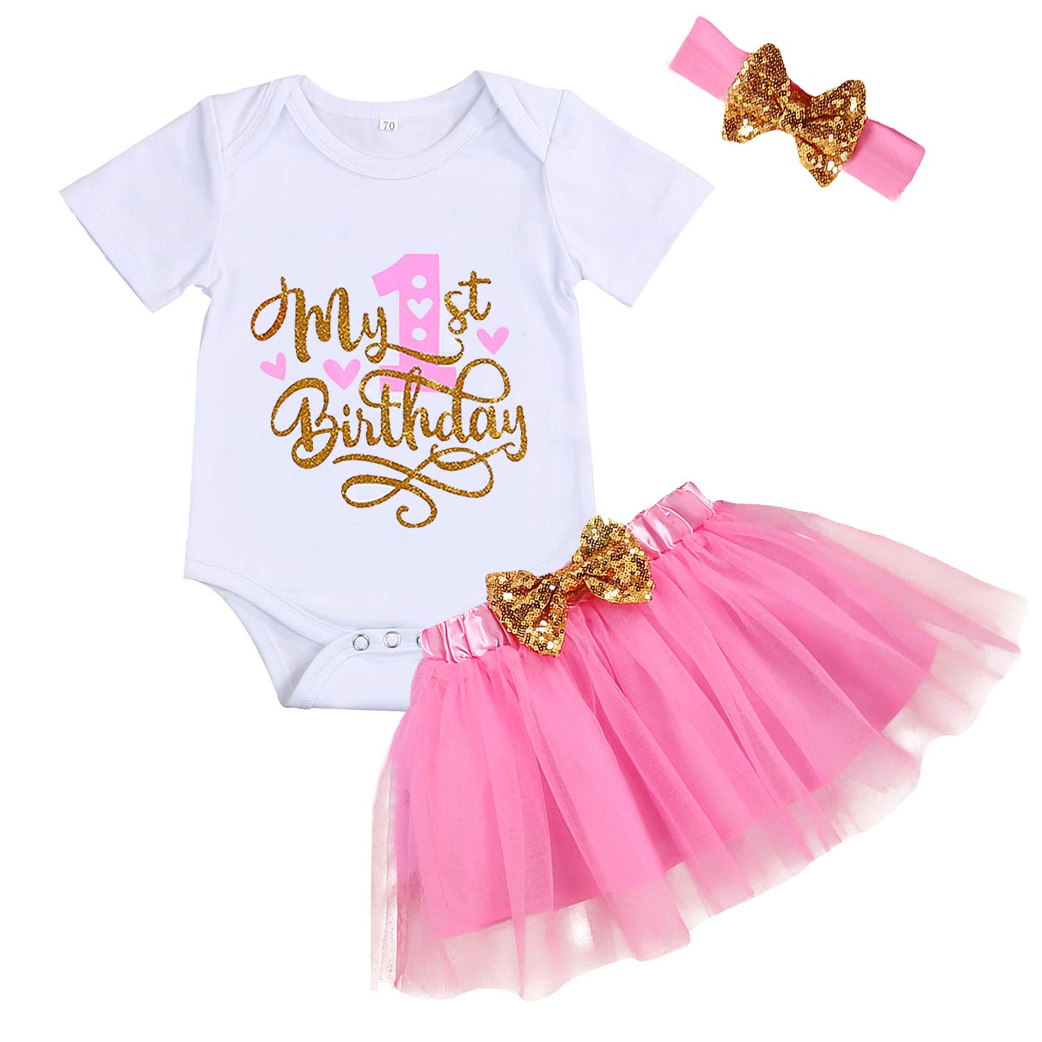 GRNSHTS Baby Girl Birthday Cake Smash Outfit Toddler Girl My 1st Birthday Romper Tutu Skirt with Headband Clothes Set (Hot Pink, 12-15 Months)