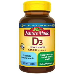 nature made extra strength vitamin d3 5000 iu (125 mcg), dietary supplement for bone, teeth, muscle and immune health support, 360 softgels, 360 day supply