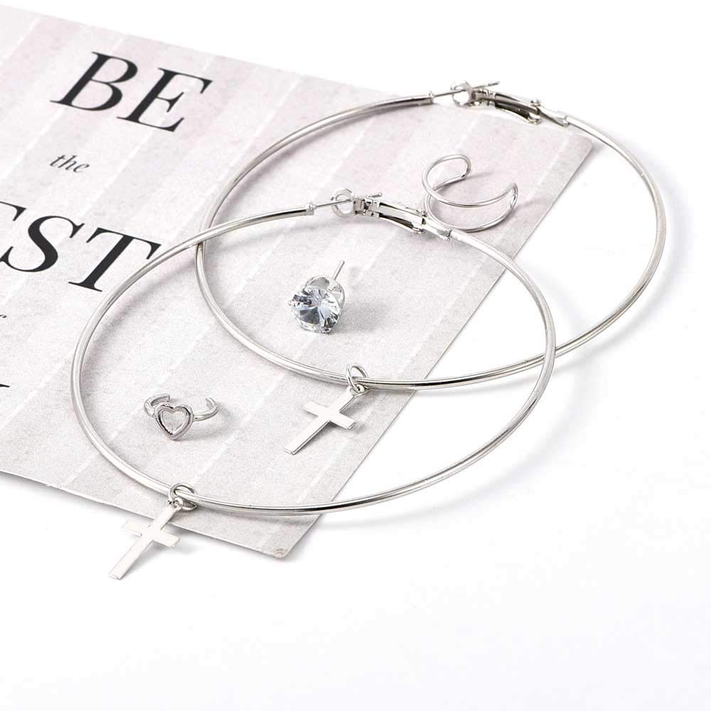 Missgrace Multiple Piercings Cute Big Hoop Elegant Cross Earrings Set Vintage Earring Set Bohemian Earrings Stud Earrings Silver Punk Chain Earrings Set for Women (Style 7)