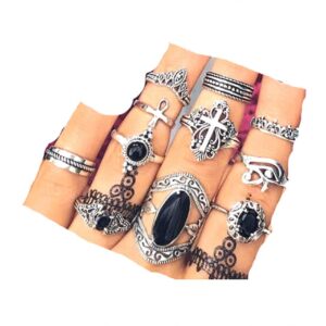 Cathercing 11 Pcs Women Silver Ring Sets Knuckle Vintage Rings Pack for Women Bohemian Rings Black Gem Joint Knot Rings Set for Teens Party Daily Fesvital Jewelry Gift