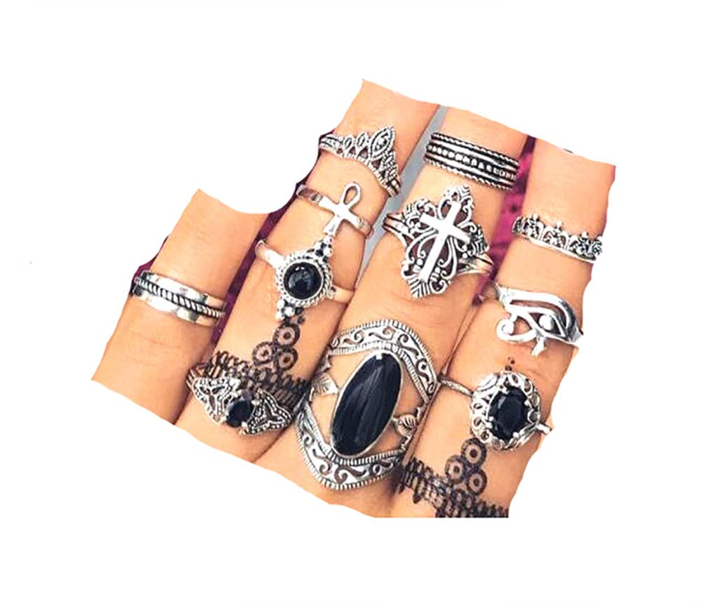 Cathercing 11 Pcs Women Silver Ring Sets Knuckle Vintage Rings Pack for Women Bohemian Rings Black Gem Joint Knot Rings Set for Teens Party Daily Fesvital Jewelry Gift