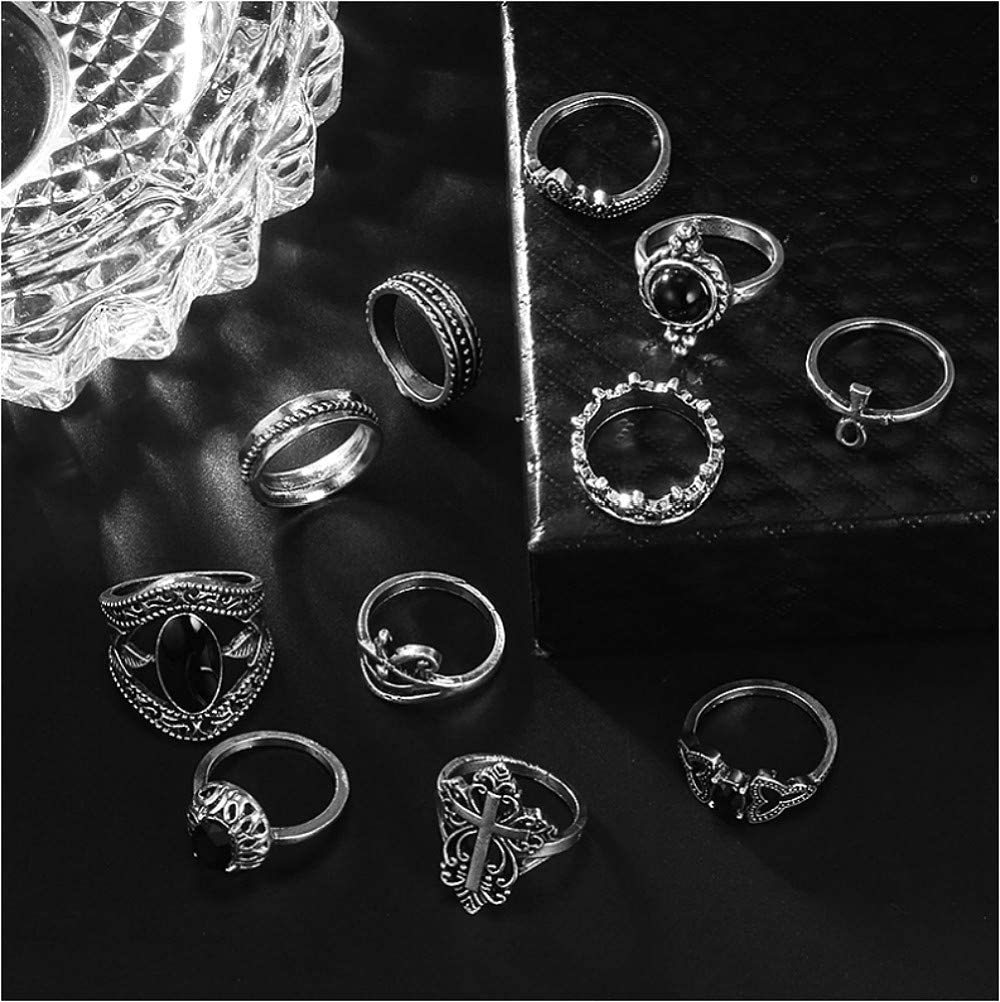 Cathercing 11 Pcs Women Silver Ring Sets Knuckle Vintage Rings Pack for Women Bohemian Rings Black Gem Joint Knot Rings Set for Teens Party Daily Fesvital Jewelry Gift