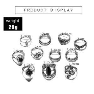 Cathercing 11 Pcs Women Silver Ring Sets Knuckle Vintage Rings Pack for Women Bohemian Rings Black Gem Joint Knot Rings Set for Teens Party Daily Fesvital Jewelry Gift