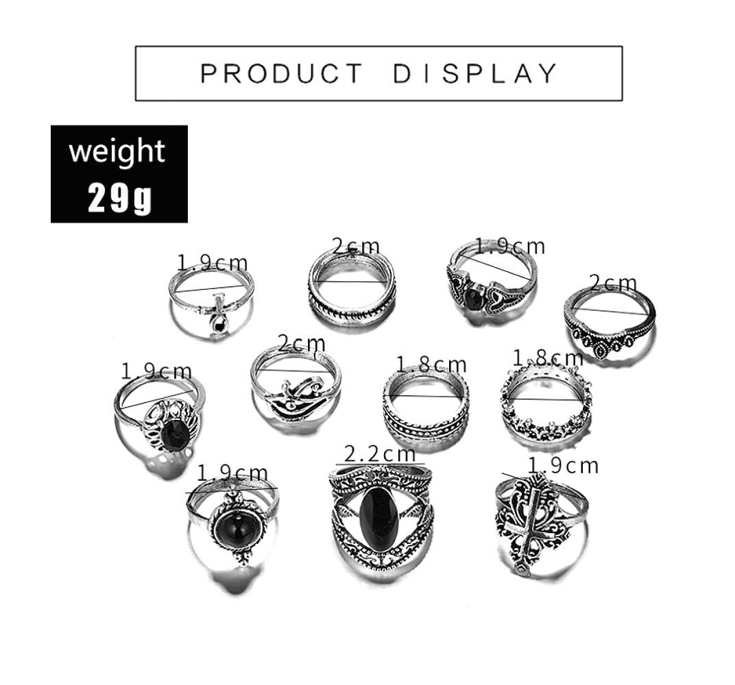 Cathercing 11 Pcs Women Silver Ring Sets Knuckle Vintage Rings Pack for Women Bohemian Rings Black Gem Joint Knot Rings Set for Teens Party Daily Fesvital Jewelry Gift