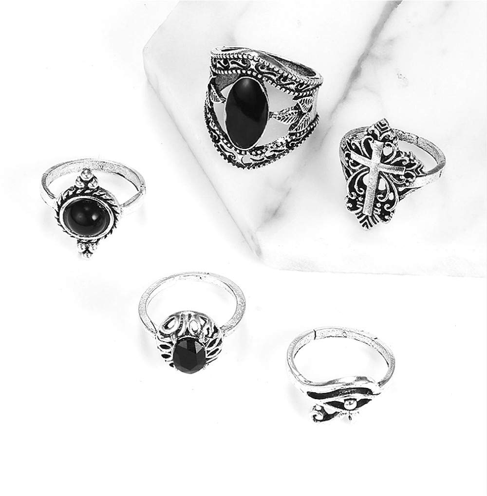 Cathercing 11 Pcs Women Silver Ring Sets Knuckle Vintage Rings Pack for Women Bohemian Rings Black Gem Joint Knot Rings Set for Teens Party Daily Fesvital Jewelry Gift