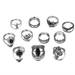 Cathercing 11 Pcs Women Silver Ring Sets Knuckle Vintage Rings Pack for Women Bohemian Rings Black Gem Joint Knot Rings Set for Teens Party Daily Fesvital Jewelry Gift