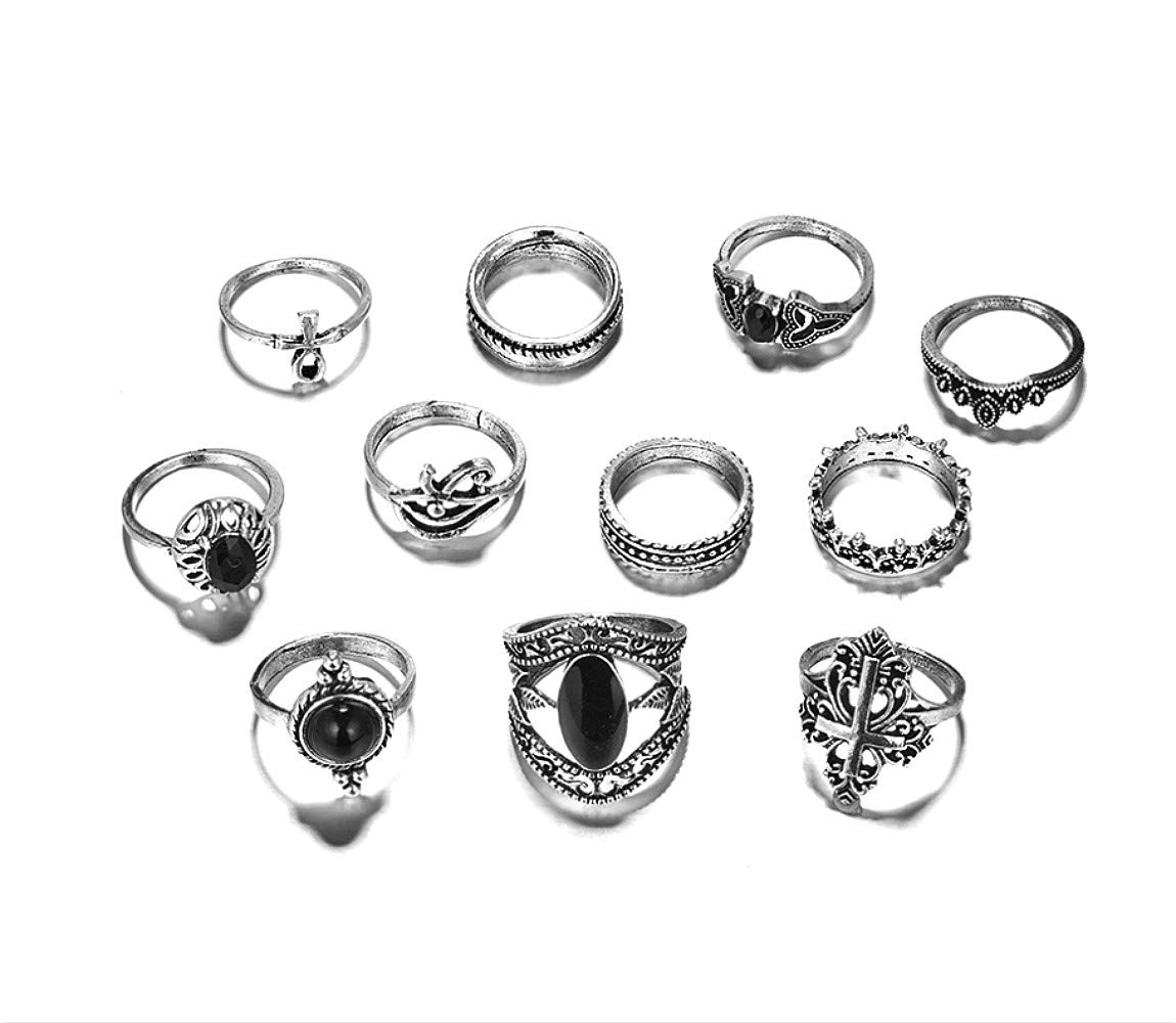 Cathercing 11 Pcs Women Silver Ring Sets Knuckle Vintage Rings Pack for Women Bohemian Rings Black Gem Joint Knot Rings Set for Teens Party Daily Fesvital Jewelry Gift