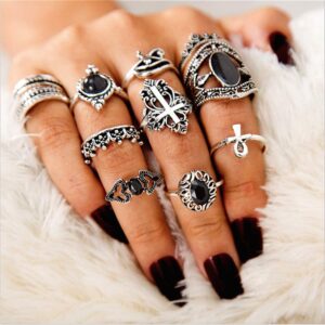 Cathercing 11 Pcs Women Silver Ring Sets Knuckle Vintage Rings Pack for Women Bohemian Rings Black Gem Joint Knot Rings Set for Teens Party Daily Fesvital Jewelry Gift