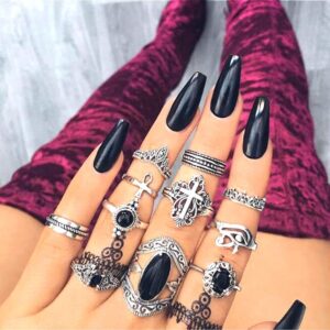 Cathercing 11 Pcs Women Silver Ring Sets Knuckle Vintage Rings Pack for Women Bohemian Rings Black Gem Joint Knot Rings Set for Teens Party Daily Fesvital Jewelry Gift