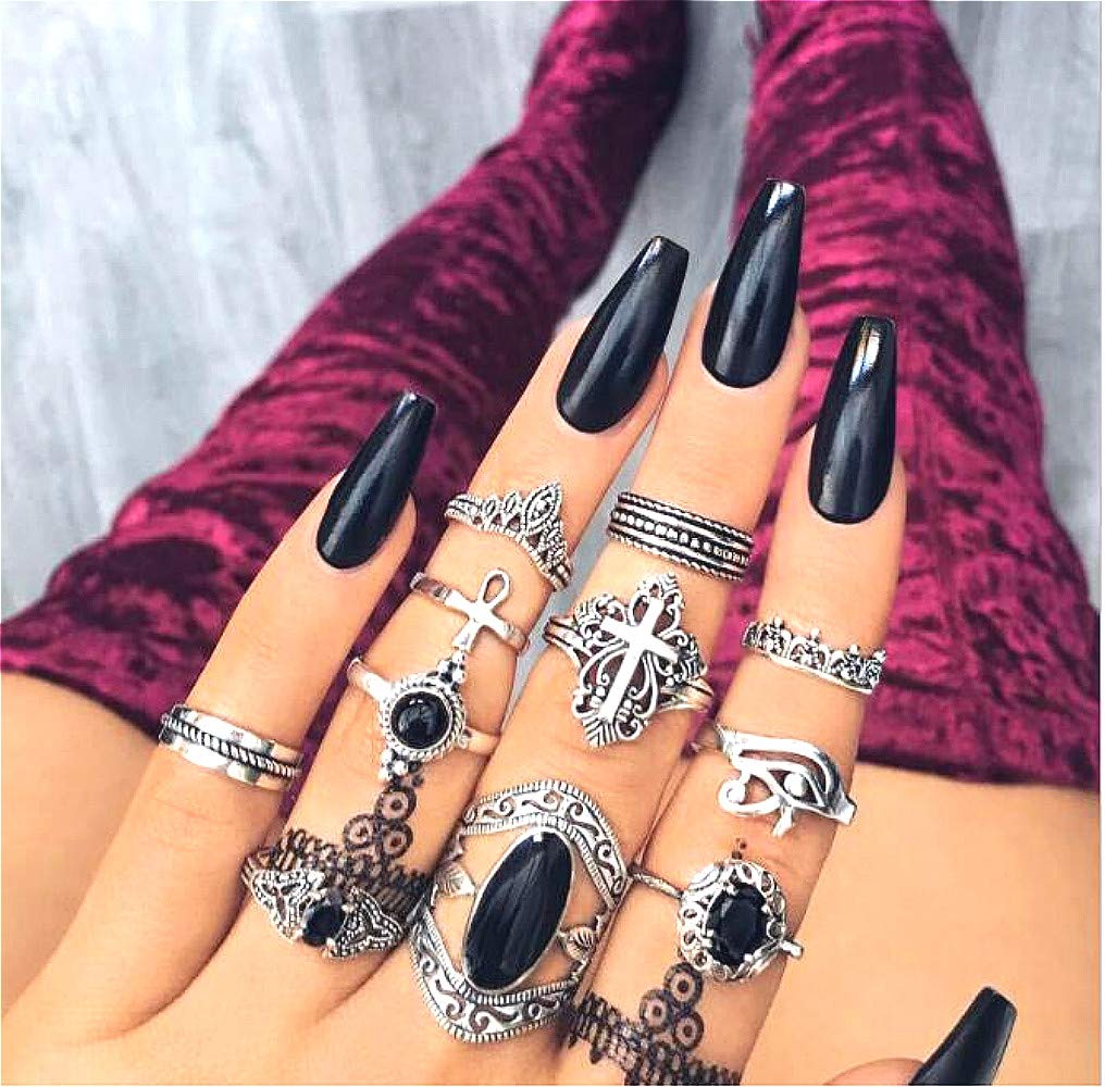 Cathercing 11 Pcs Women Silver Ring Sets Knuckle Vintage Rings Pack for Women Bohemian Rings Black Gem Joint Knot Rings Set for Teens Party Daily Fesvital Jewelry Gift