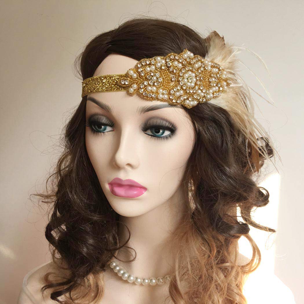 Asooll 1920s Feather Headband Gold Vintage Crystal Flapper Headpiece Headdress Prom Head Accessories for Women and Girls