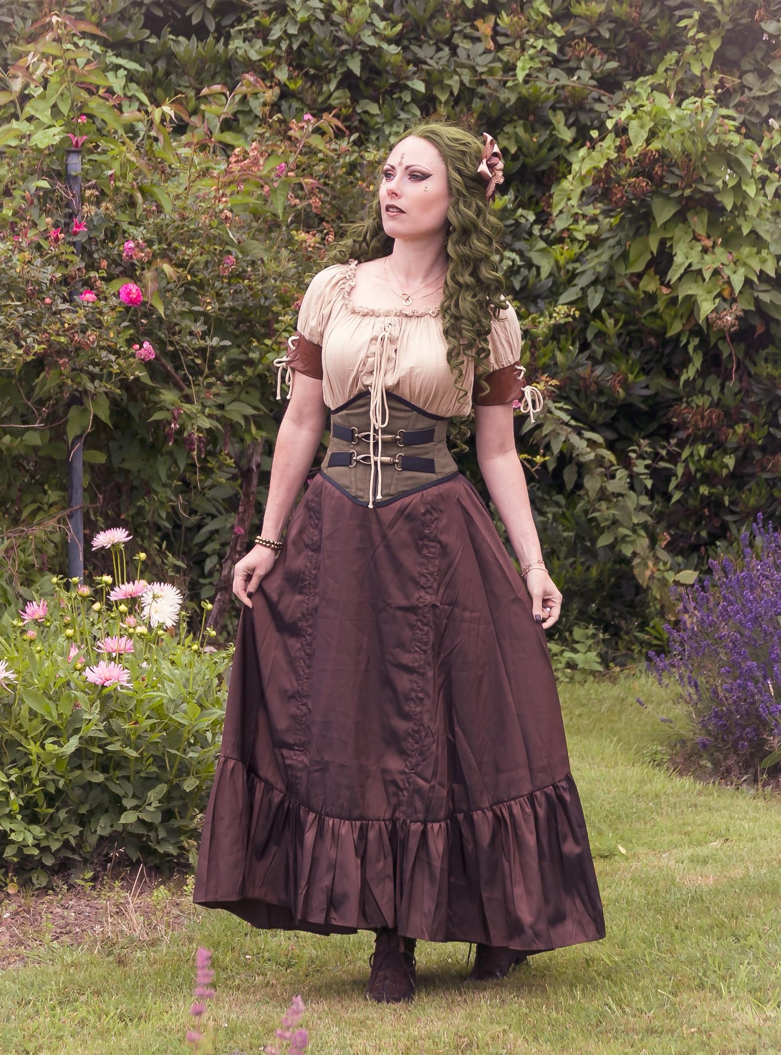 Scarlet Darkness Women Gothic Steampunk Pirate Skirt Victorian Bustle Skirts High-Low Brown L