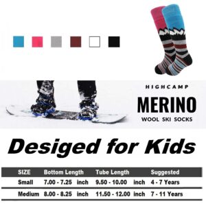 HIGHCAMP 2 Pairs Kids Merino Wool Ski Snowboard Socks Boy Girl Toddler Snow Socks/Stripe Blue, M