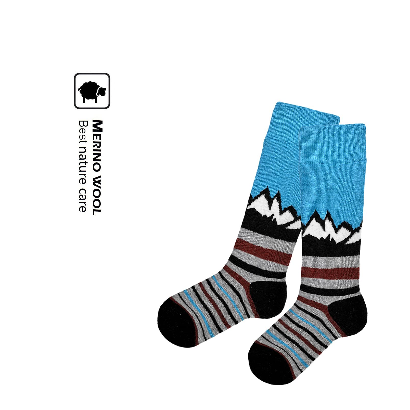 HIGHCAMP 2 Pairs Kids Merino Wool Ski Snowboard Socks Boy Girl Toddler Snow Socks/Stripe Blue, M