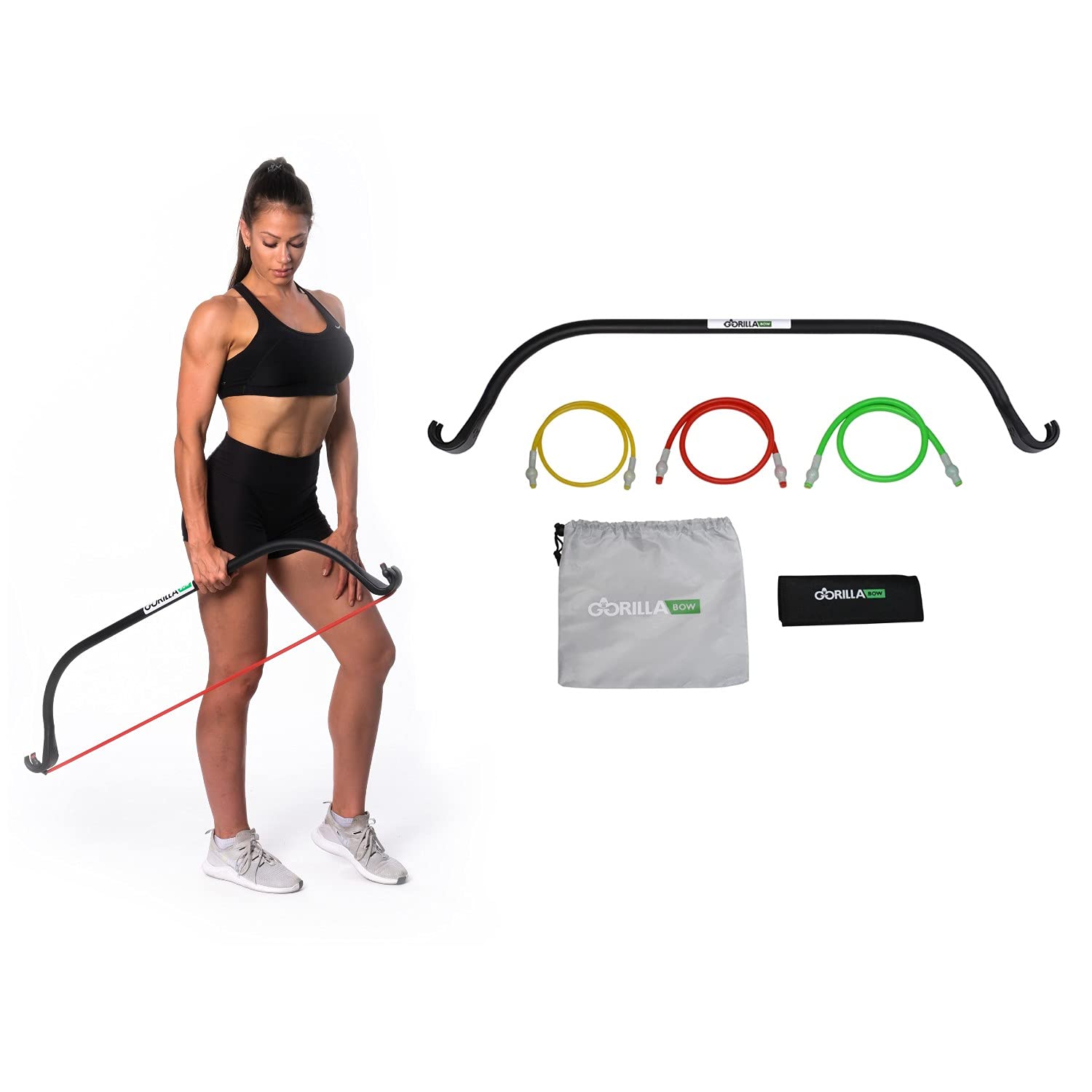 Lite Gorilla Bow Portable Home Gym Resistance Bands and Bar System for Travel, Fitness, Weightlifting and Exercise Kit, Full Body Workout Equipment Set (Lite Bow, Black, Base Bundle)