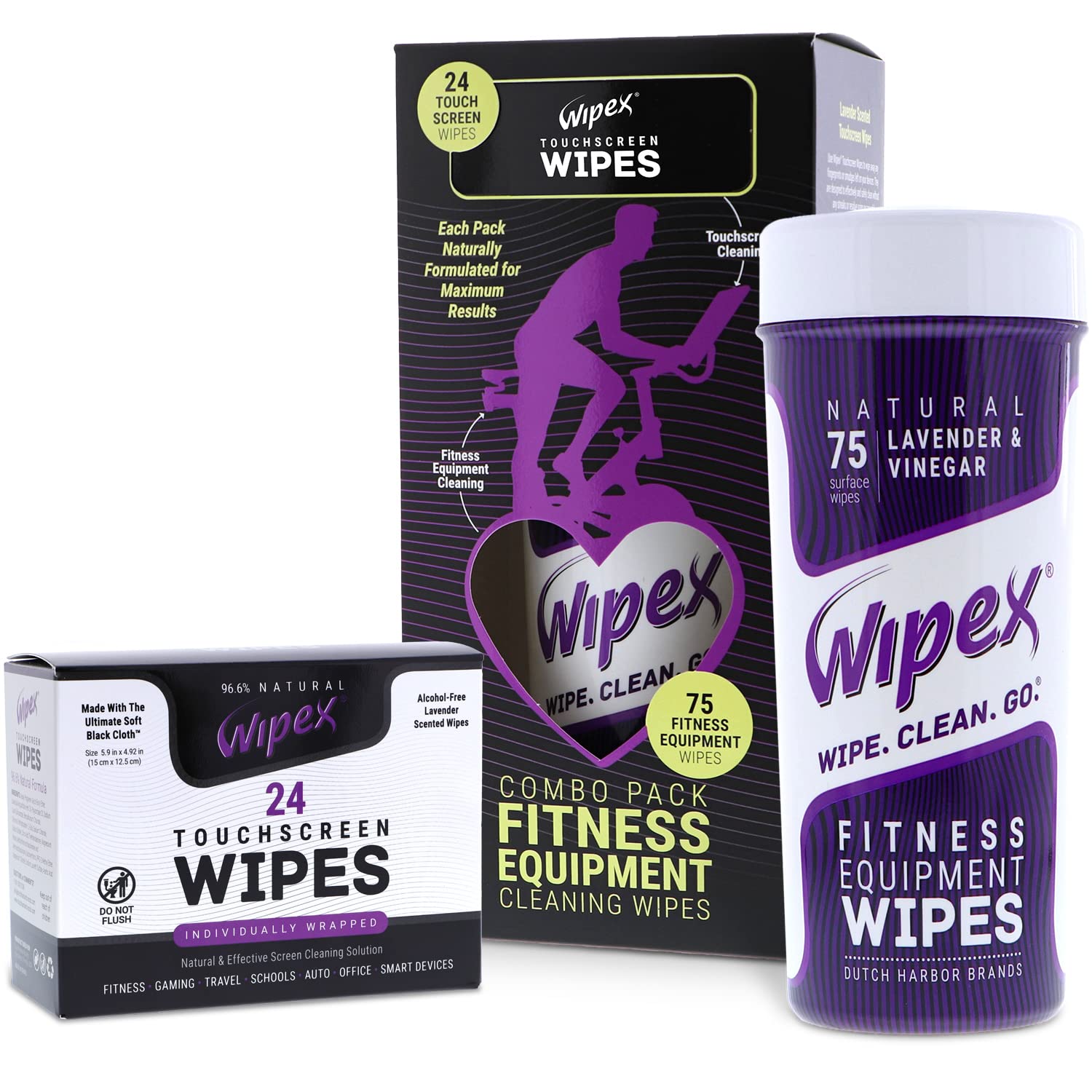 Wipex Gym Wipes & Screen Wipes for Electronics Combo Pk - 75ct Canister Fitness Equipment Cleaner Wipes & 24ct Touch Screen Wipes Individually Wrapped Safe for all Fitness Equipment and Touch Screens