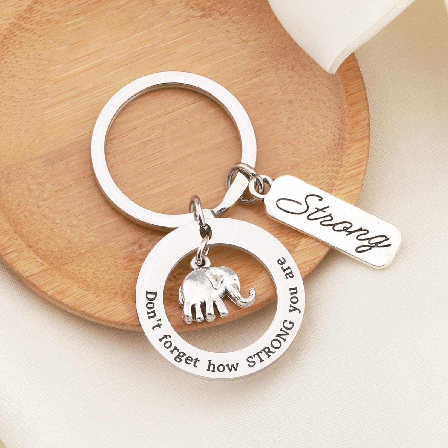 bobauna Inspirational Elephant Keychain Bracelet Never Forget How Strong You are Encouragement Jewelry Gift for Friend Family (Elephant Round Keychain)