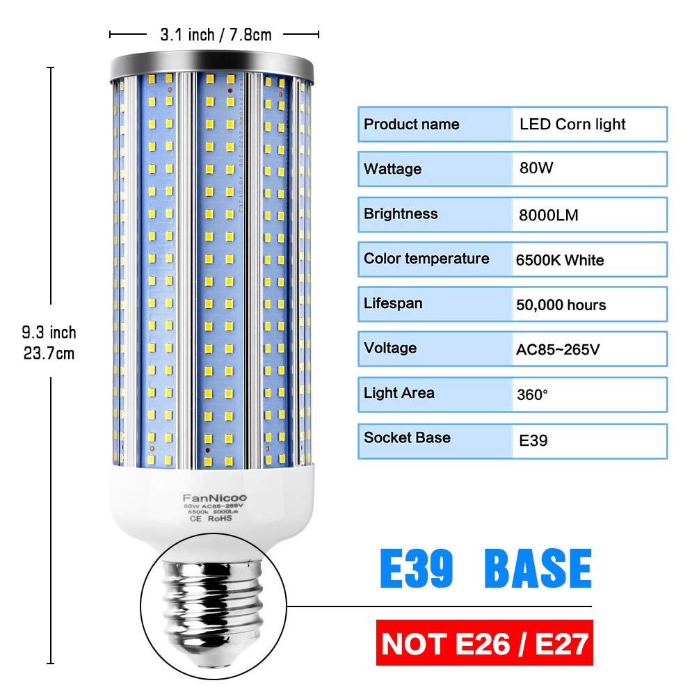 FanNicoo LED Corn Light Bulb E39 Base 800W Equivalent 80W 6500K 8000 Lumen Large Area Cool Daylight White for Outdoor Indoor Garage Warehouse Workshop Street Factory Backyard Barn