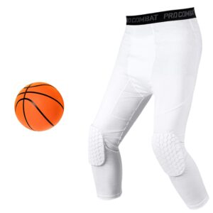 Unlimit Basketball Compression Pants with Pads, White 3/4 Capri Pants Padded, Basketball Tights Leggings (3XL)