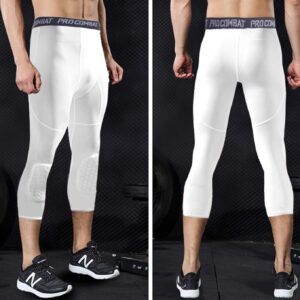 Unlimit Basketball Compression Pants with Pads, White 3/4 Capri Pants Padded, Basketball Tights Leggings (3XL)