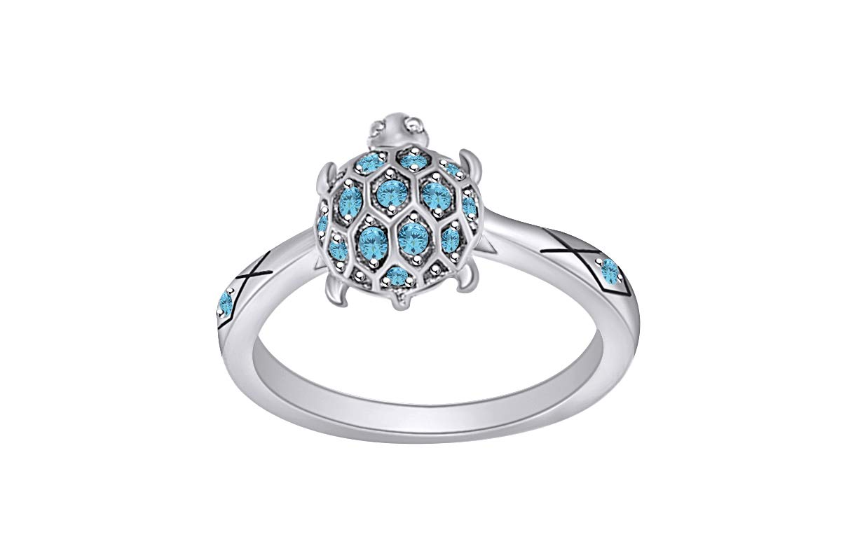 AFFY Jewelry Gifts Simulated Aquamarine Sea Turtle Jewelry Ring in 14k White Gold Plated 925 Sterling Silver for Women's Ring Size-9