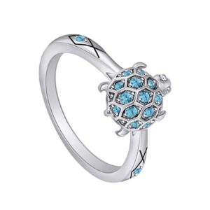 AFFY Jewelry Gifts Simulated Aquamarine Sea Turtle Jewelry Ring in 14k White Gold Plated 925 Sterling Silver for Women's Ring Size-9