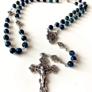 elegantmedical Handmade Blue Tiger Eye Beads Our Lady of Grace Rosary Cross Necklace Catholic Gifts