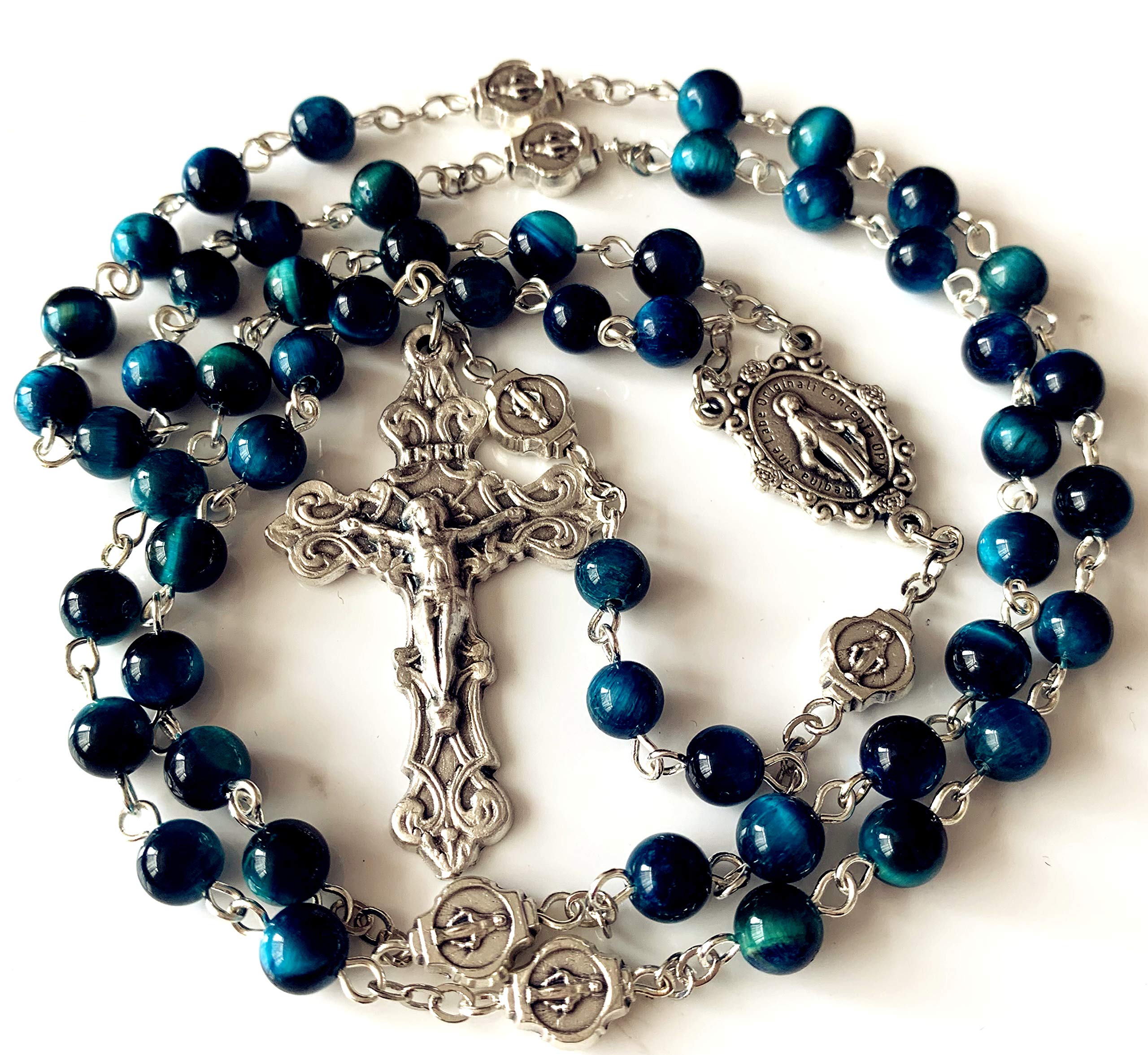 elegantmedical Handmade Blue Tiger Eye Beads Our Lady of Grace Rosary Cross Necklace Catholic Gifts