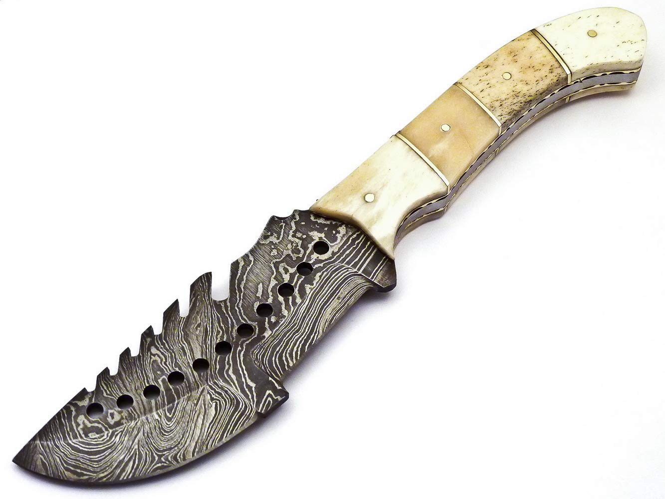 Skokie Knives Custom Hand Made Damascus Steel Hunting Tracker Knife Handle Camel Bone With Brass Spacer (Tracker W)