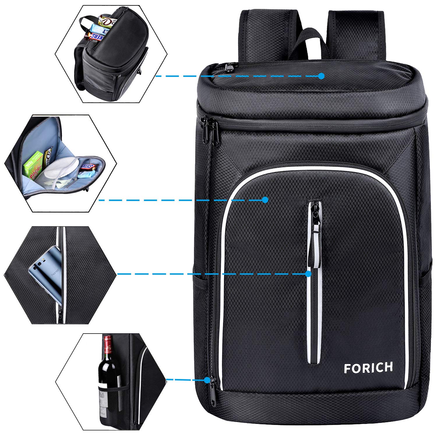 FORICH Soft Cooler Backpack, 30L Capacity, Black, Polyester, Ice Chest