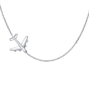 airplane sideways choker necklace s925 sterling silver aircraft jelwery adjustable chain 15+3 inch for women lady, best gifts for stewardess flight attendants (choker)