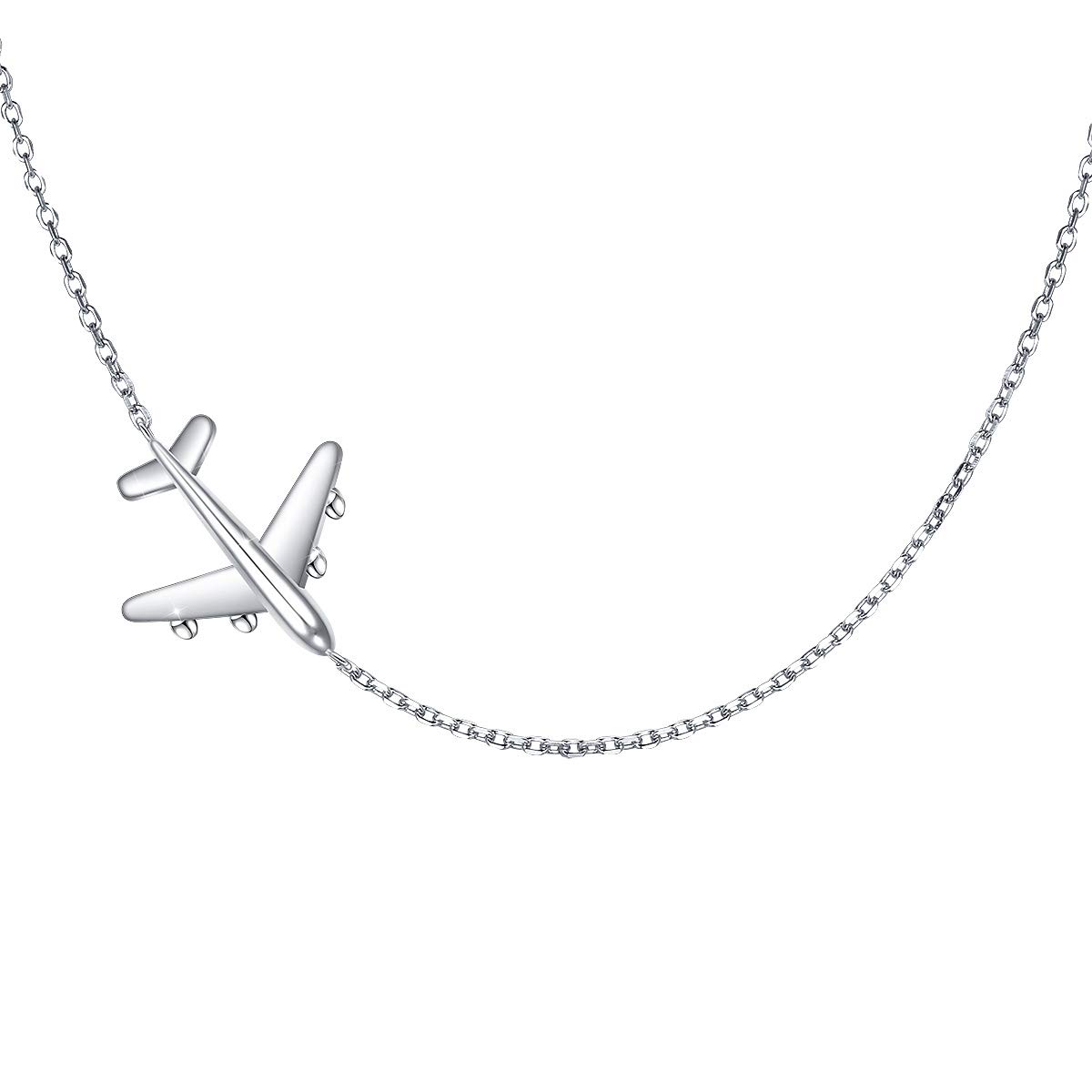 Airplane Sideways Choker Necklace S925 Sterling Silver Aircraft Jelwery Adjustable Chain 15+3 Inch for Women Lady, Best Gifts for Stewardess Flight Attendants (Choker)