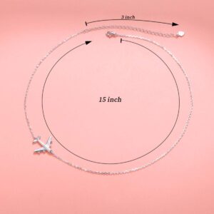 Airplane Sideways Choker Necklace S925 Sterling Silver Aircraft Jelwery Adjustable Chain 15+3 Inch for Women Lady, Best Gifts for Stewardess Flight Attendants (Choker)