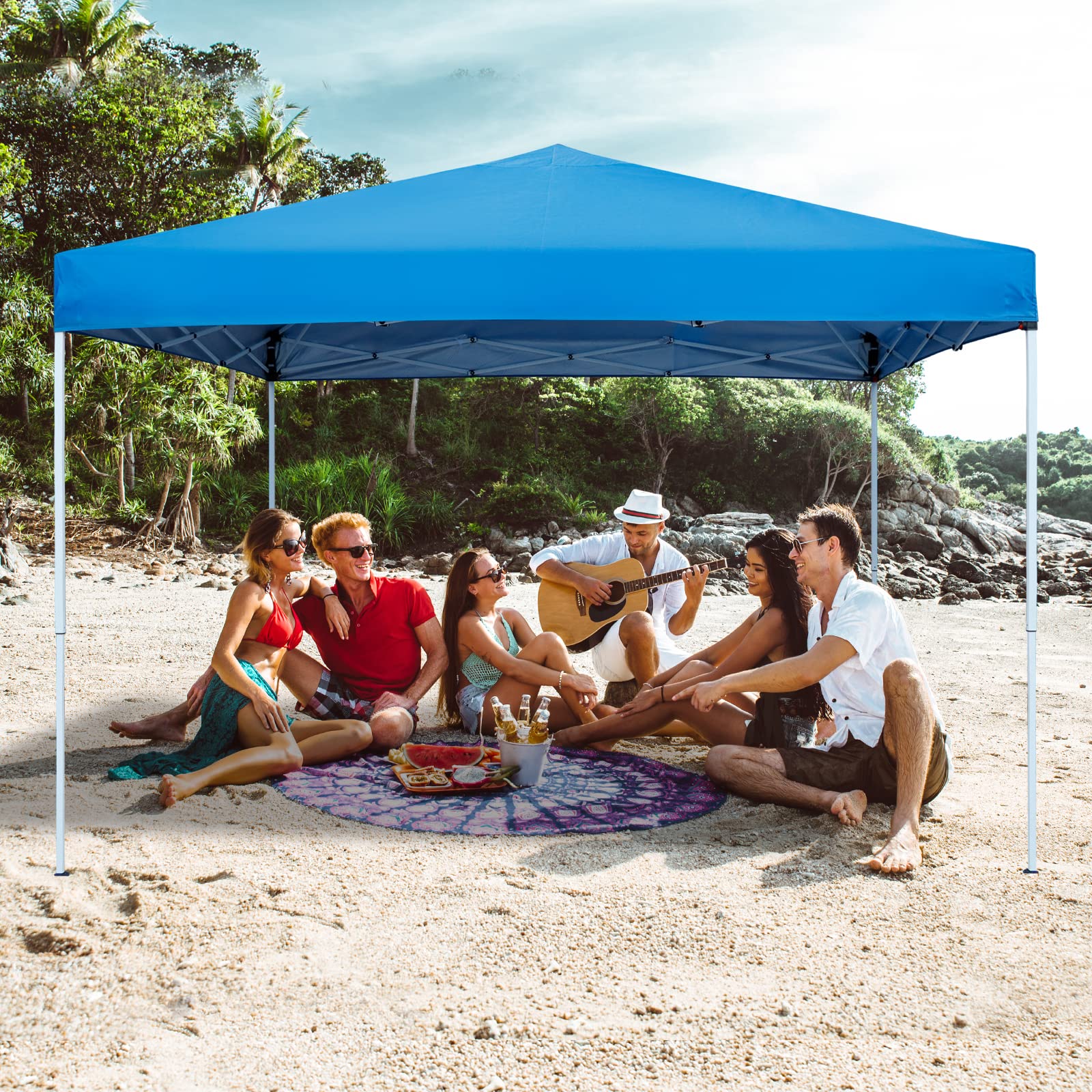 Smartxchoices Pop Up Canopy Tent - 10 x 10 FT Instant Outdoor Canopy with Wheeled Carry Bag, 4 Ropes, Straight Legs, Stakes,Height Adjustable Outdoor Tent Sun Protection Beach Shelter