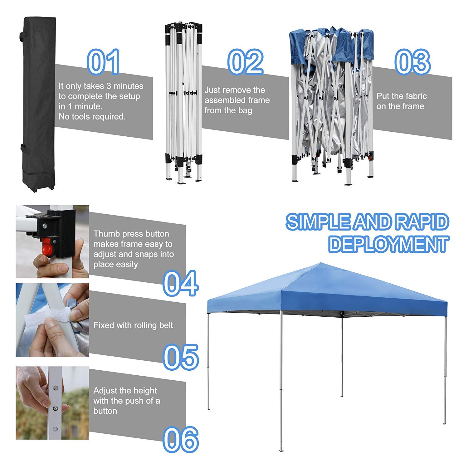 Smartxchoices Pop Up Canopy Tent - 10 x 10 FT Instant Outdoor Canopy with Wheeled Carry Bag, 4 Ropes, Straight Legs, Stakes,Height Adjustable Outdoor Tent Sun Protection Beach Shelter