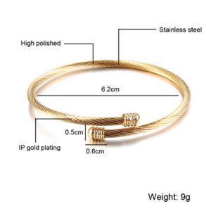 Jude Jewelers Stainless Steel Cable Wire Open Cuff Adjustable Size Bangle Bracelet (Gold)