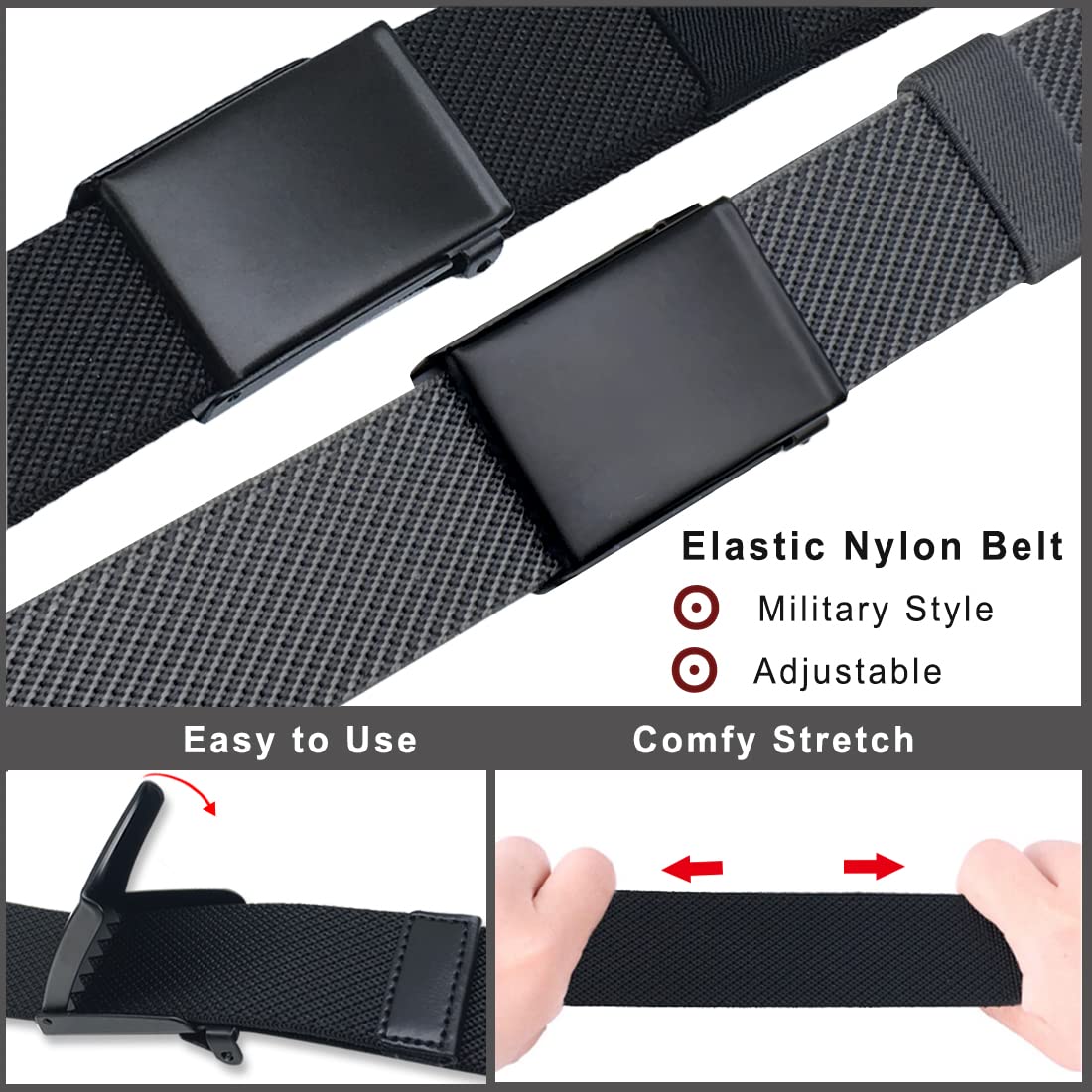 WYuZe Nylon Elastic Stretch Belt-2 Pack Men Casual Golf Belt Military Metal Buckle (Black+Dark Gray, Fits pant up to 42")