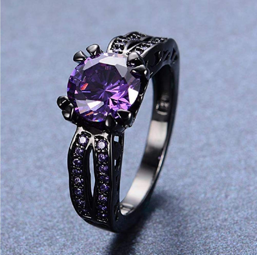 Lzz Black Gold CZ Fashion Amethyst Purple Birthstone Ring Round Cut 10KT Black Gold Filled Wedding AAA Cubic Zirconia Jewelry Size 6-10 (US 6)