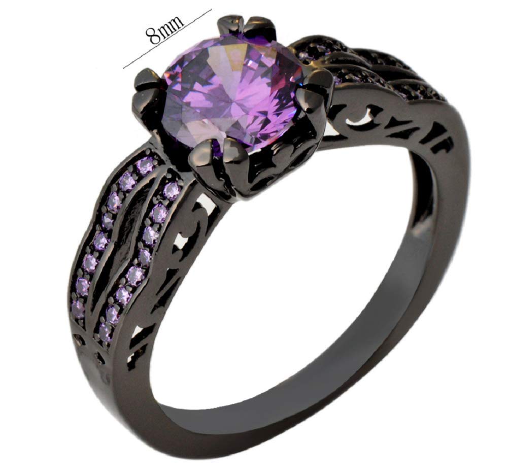 Lzz Black Gold CZ Fashion Amethyst Purple Birthstone Ring Round Cut 10KT Black Gold Filled Wedding AAA Cubic Zirconia Jewelry Size 6-10 (US 6)